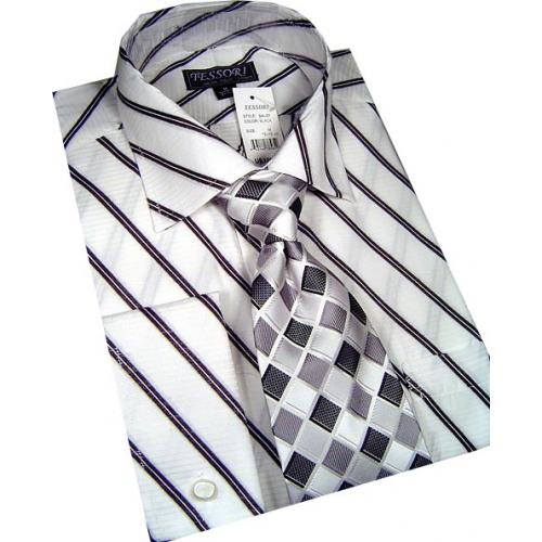Tessori White/Black Diagonal Striped Shirt/Tie/Hanky Set SH-07